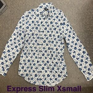 Express Men's Casual Floral Shirt - Blue and White